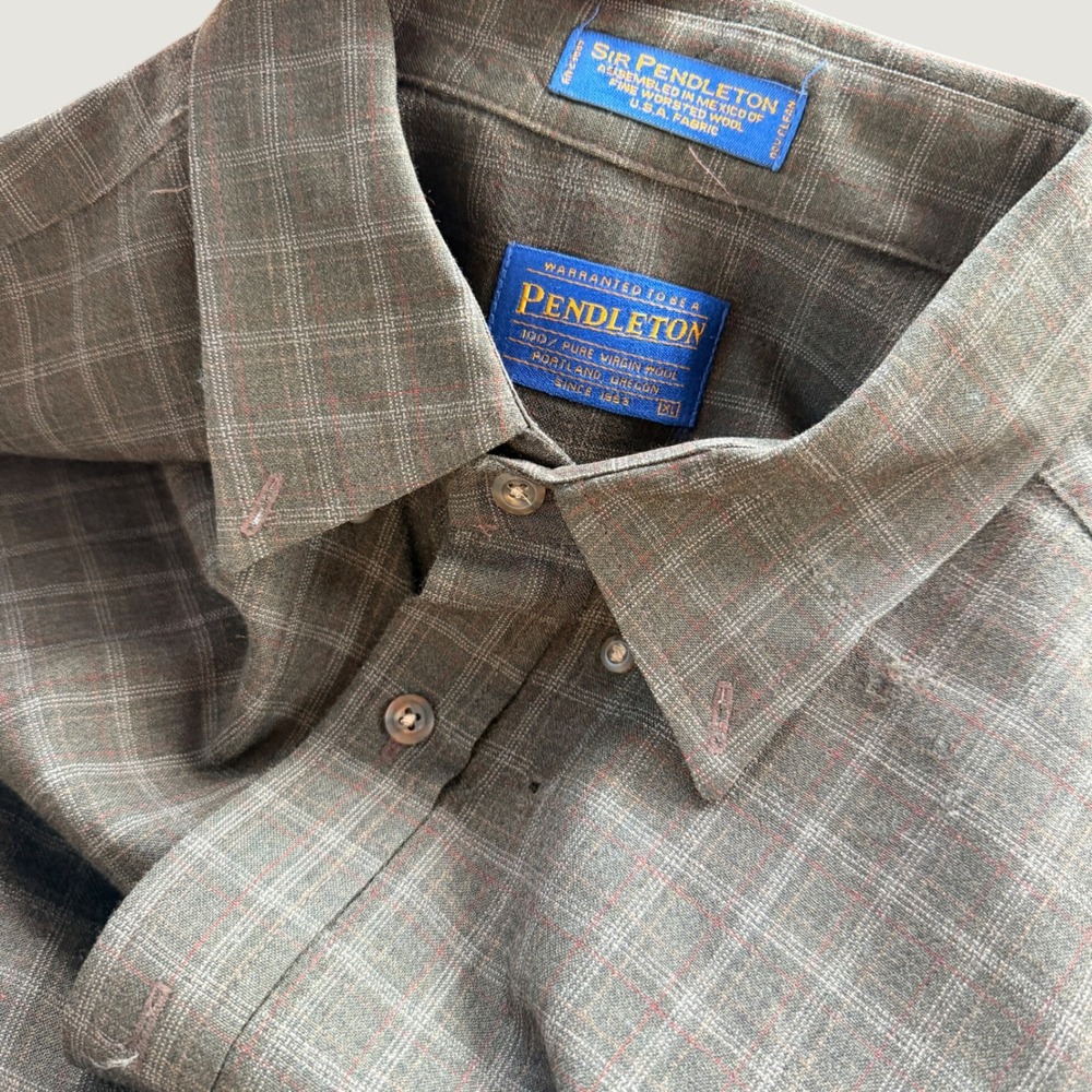 VTG Sir Pendleton Shirt Mens Olive Brown XL Worsted Wool Plaid Button Down